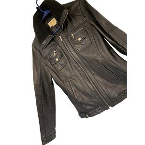 Michael Kors Mens Genuine Leather Jacket With Sherpa Collar M Black RT10542